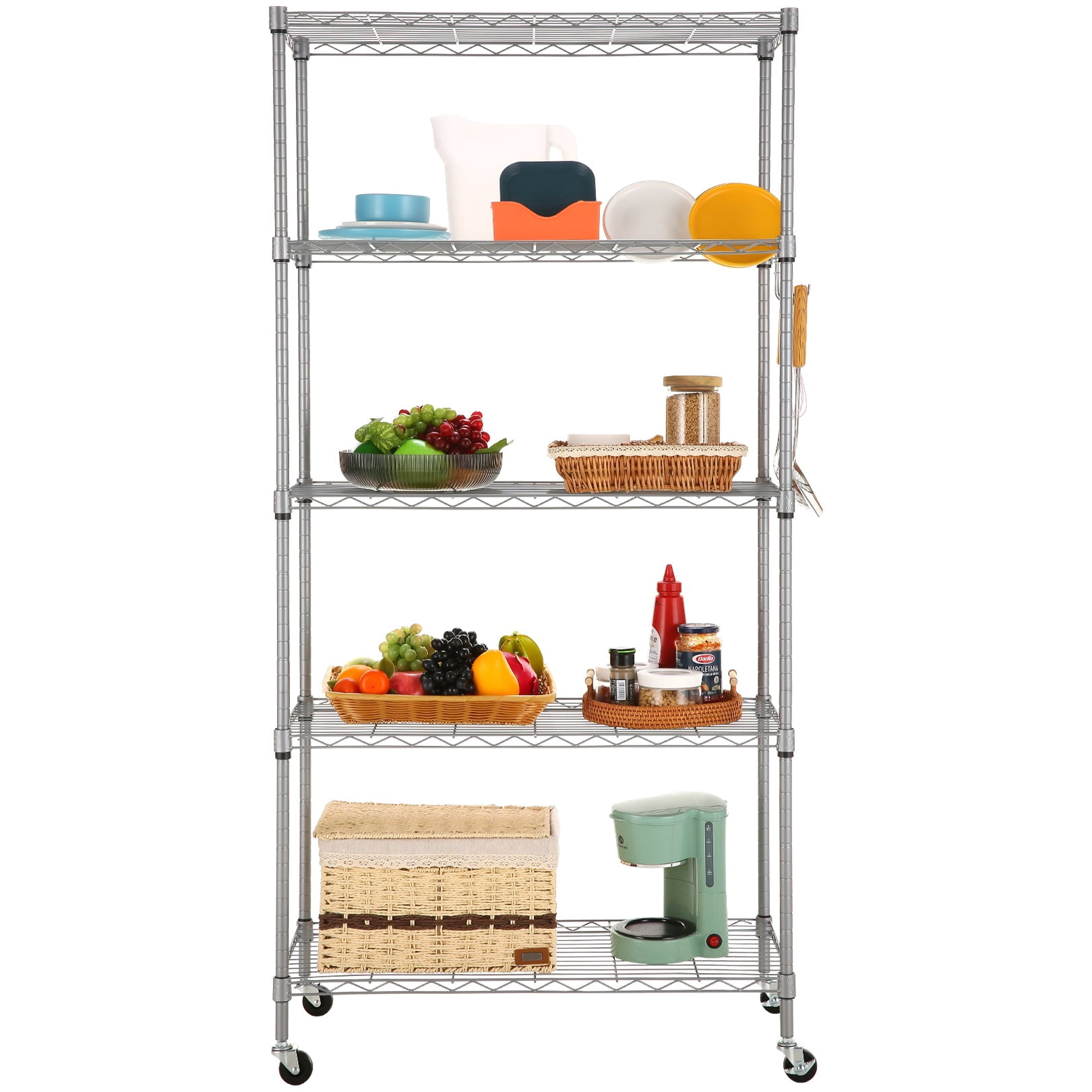 Sailvan 5-Tier Heavy Duty Metal Shelving Unit with Wheels, 900LBS Adjustable Wire Storage Rack for Garage, Pantry & Kitchen,Silver