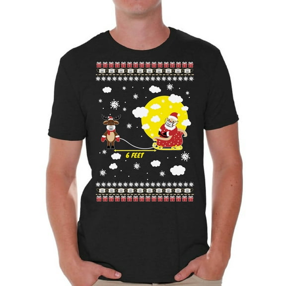 Santa Shirt for Men Christmas Tee for Him Merry Christmas T-Shirt Funny Santa's Reindeer T Shirts for Brother Dad Husband Six Feet Deer Top Xmas Gifts Happy Holidays T Shirt Xmas 2020 Outfit