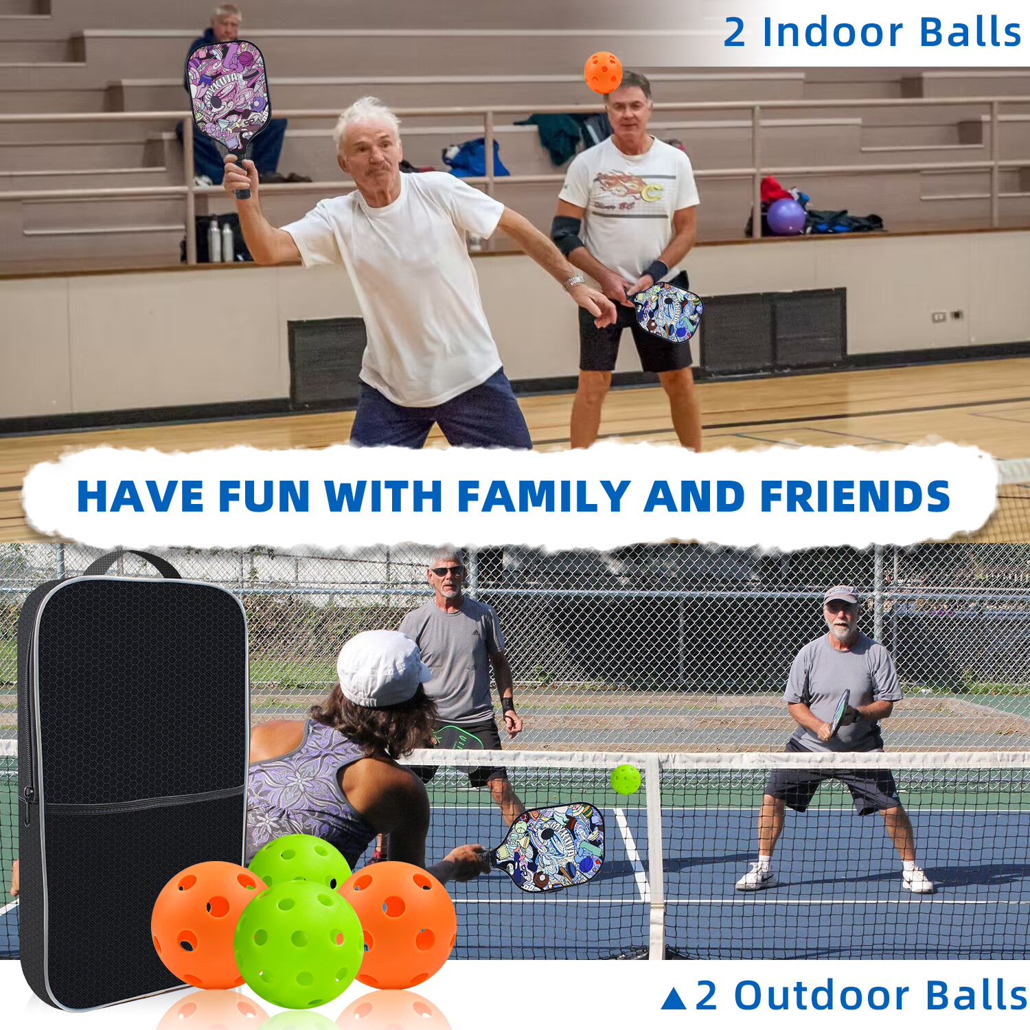 MYKUJA Pickleball Paddles Set of 2 Paddles,4 Pickleball Balls, Lightweight Fiberglass Surface&Honeycomb Core Pickleball Set Gifts for Men Women