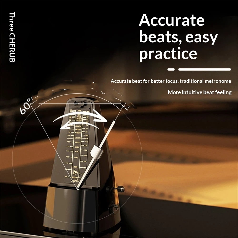 metronome - Classic Mechanical Wind-Up Design with Bell for Piano, Guitar, Violin & All Instruments (Black)