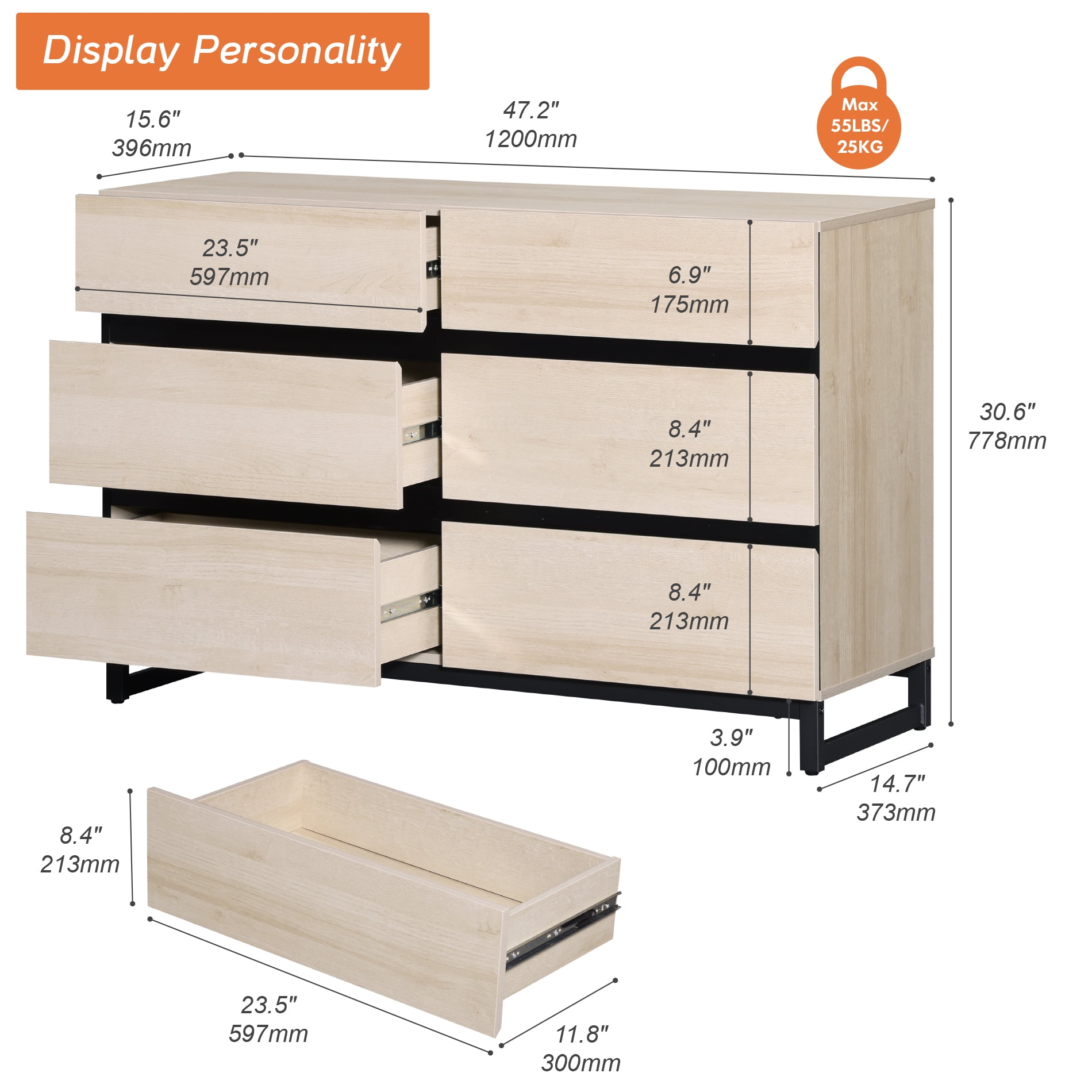 WAMPAT Modern 6-Drawer Wood Dresser with Concealed Handles & Metal Base, Chest of Drawers & Closet Organizer for Bedroom, Living Room Storage