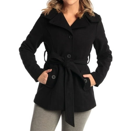 Belted Textured Wool Blend - Bella Women's Belted Blazer Button Up Wool Coat Funnel Neck Jacket Black Medium
