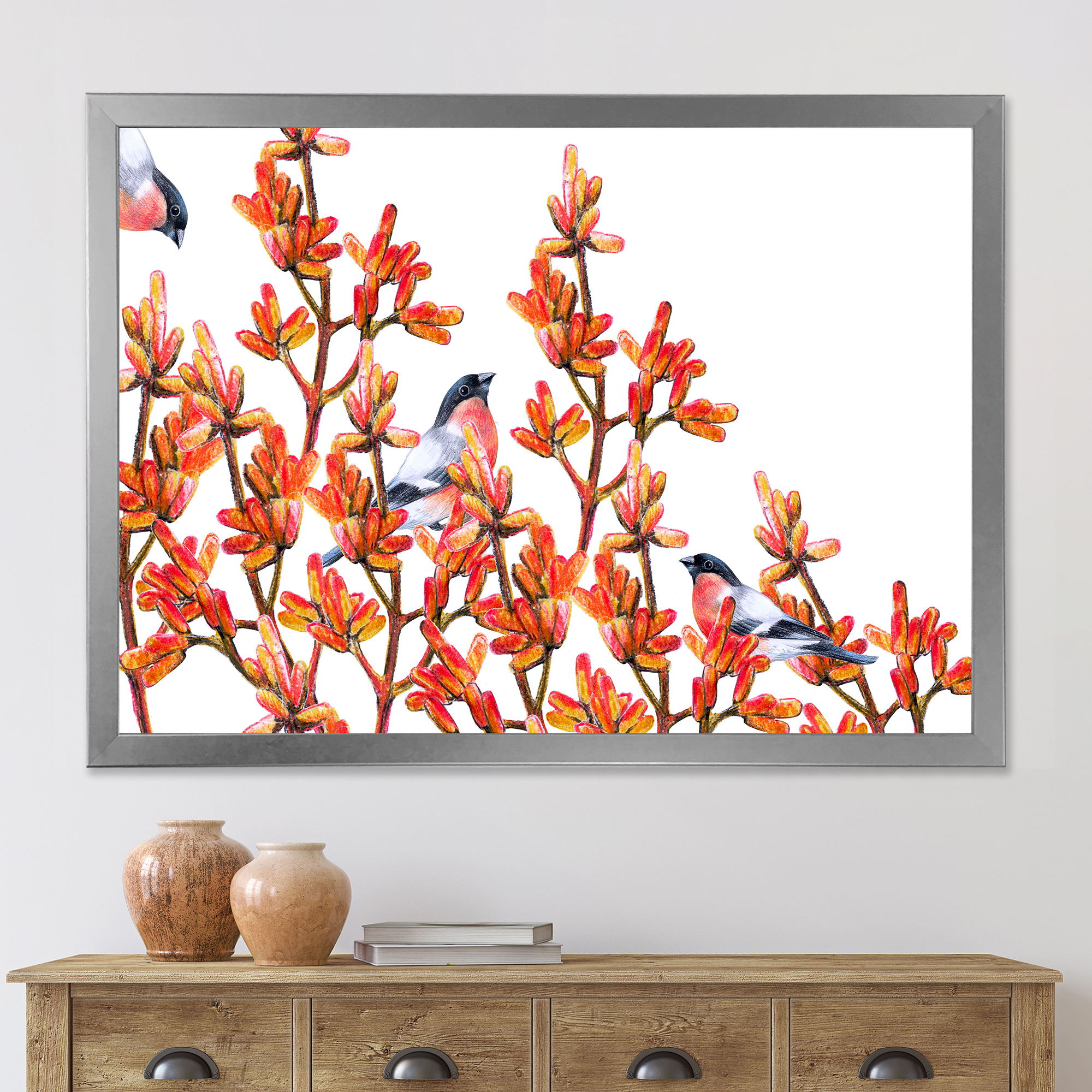 Designart 'Flock of Bullfinches Birds Sitting on Orange Branches' Traditional Framed Art Print