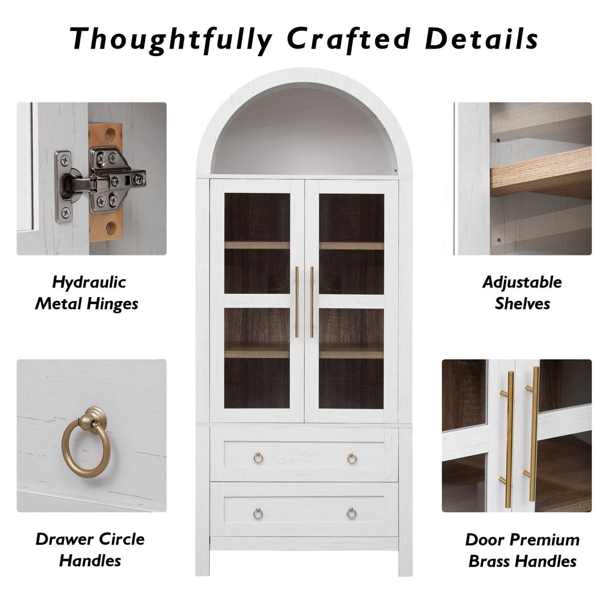 71" Tall Arched Kitchen Pantry Cabinet, Farmhouse Storage Cabinet with 2 Glass Doors, 2 Large Drawers, Adjustable Shelves, Freestanding Cupboard for Kitchen Dining Room, White
