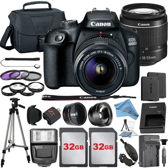 Canon EOS 4000D / Rebel T100 DSLR Camera with 18-55mm Lens + 2 Pcs 32GB Memory + Tripod + Case + ZeeTech Kit