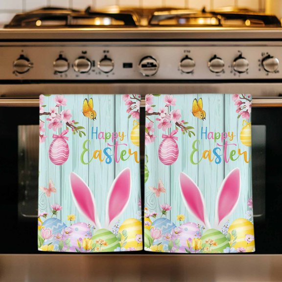 Happy Easter Kitchen Towels Set of 4, Spring Bunny Eggs Flower Teal Wood Grain Absorbent Dish Towels for Kitchen, Microfiber Hand Towel, Quick Drying Tea Towel for Cleaning Decorative Dishcloths