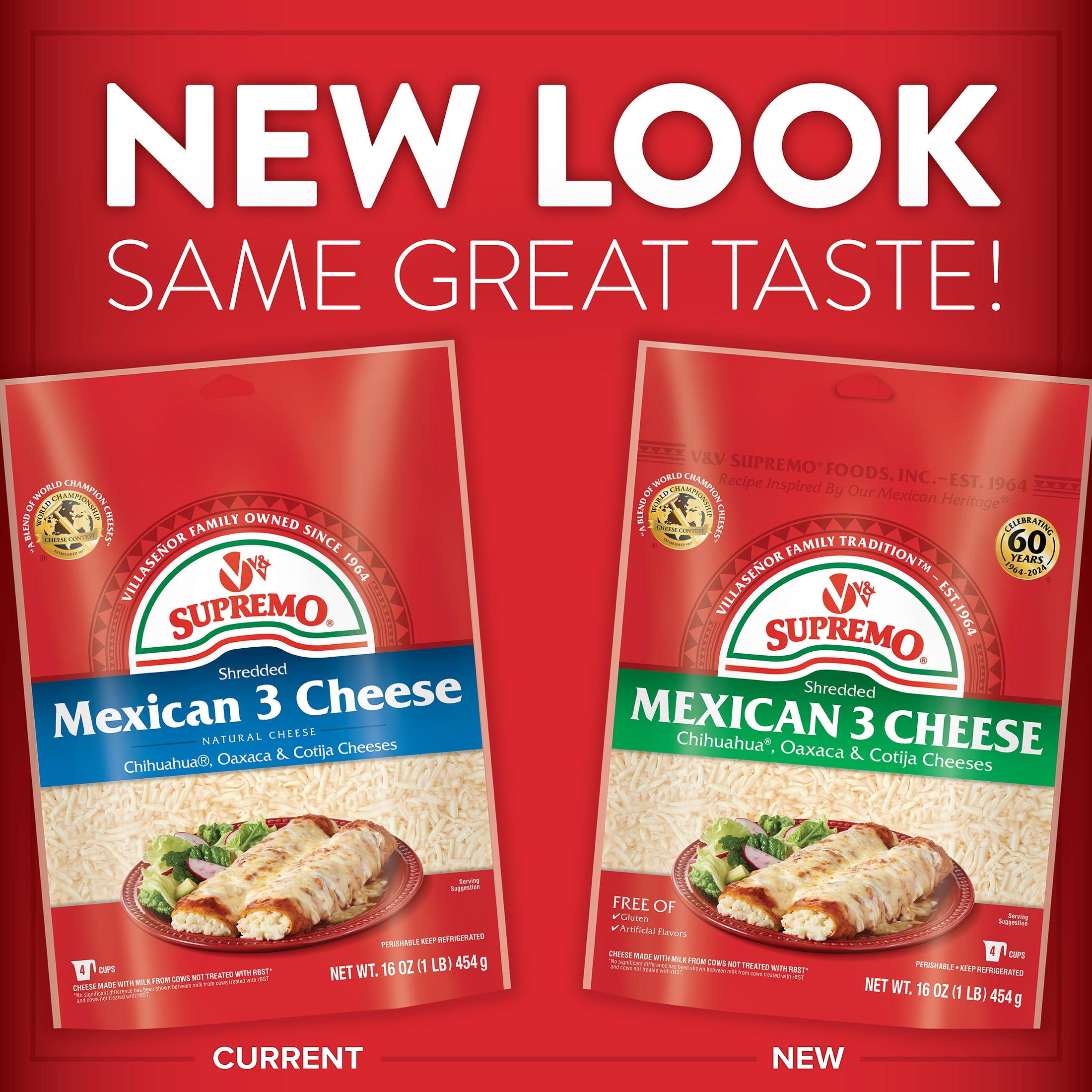 V&V Supremo Shredded Mexican 3 Cheese, Chihuahua, Oaxaca, and Cojita, Gluten-Free, 16 oz, Refrigerated