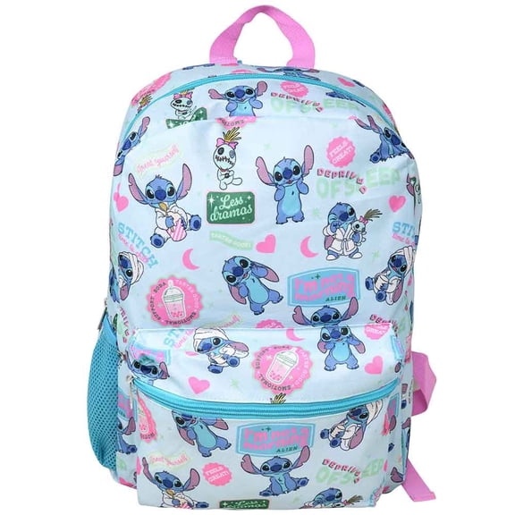 Bioworld Disney Stitch 16" All over print Kids Backpack, with Front Pocket & Side Mesh