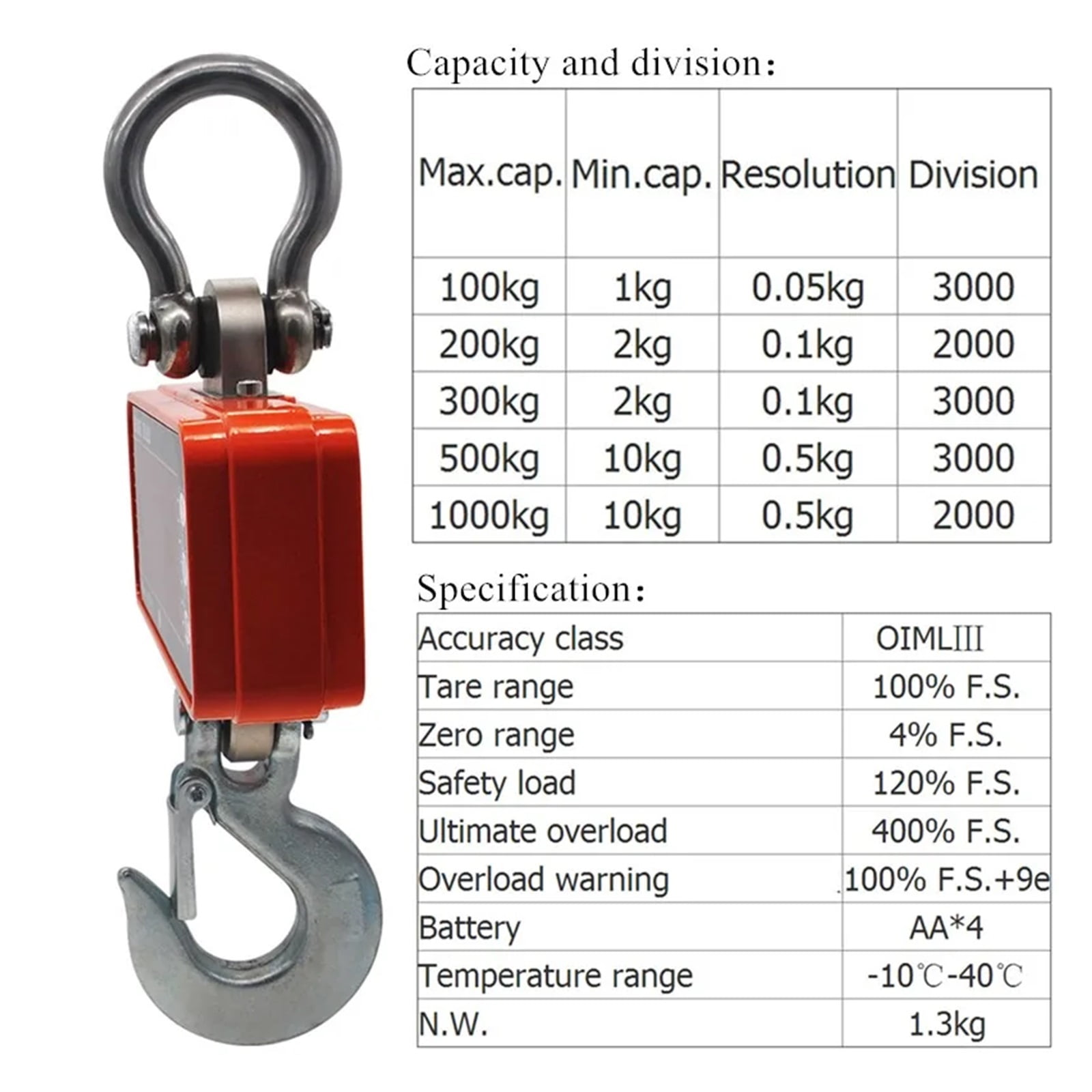 Crane Scale 1000KG 1Ton 2000lb OCS-S1 Digital Balance LCD High Accurate Industrial Heavy Duty Hanging Hook Hanging Scales ,Precise Weighing