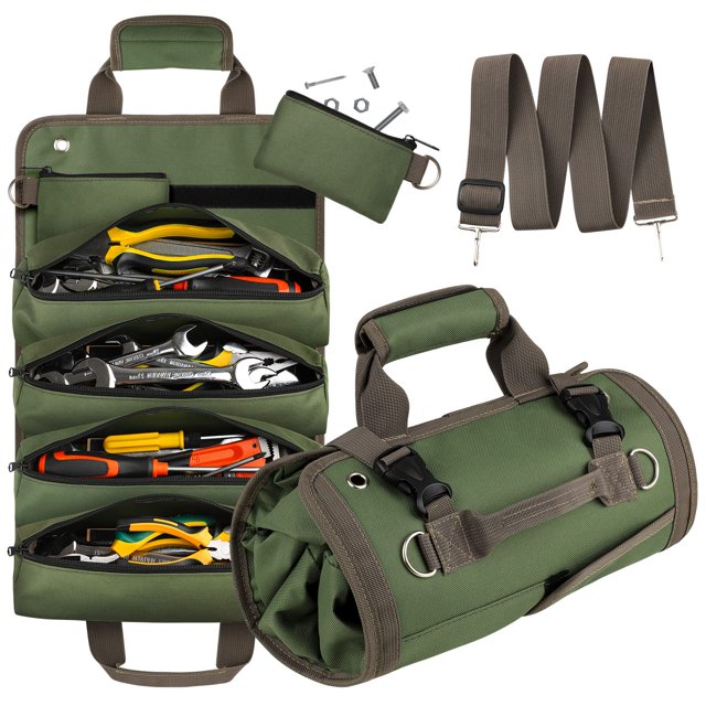 Tool Bag Roll Up, Heavy Duty Tool Organizer for Men Women, Portable Tool Storage Box with 2 Detachable Zipper Pouch