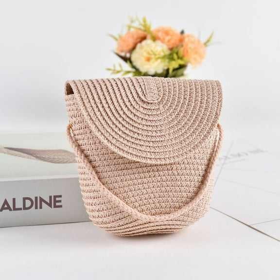 Kid Children Fashion Rattan Woven Shell Shape Handbag Straw Handbag Shoulder Bags Summer Beach Bag Straw Bag PINK