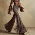 thumbnail image 6 of Karymi Jean Shorts Womens Western Style Fringe Bell Bottom Trousers, Solid High Waist Flare Long Pants, Slim Fit Stretch Retro Cowboy Pants , Belt Not Included Biker Shorts Women, 6 of 6