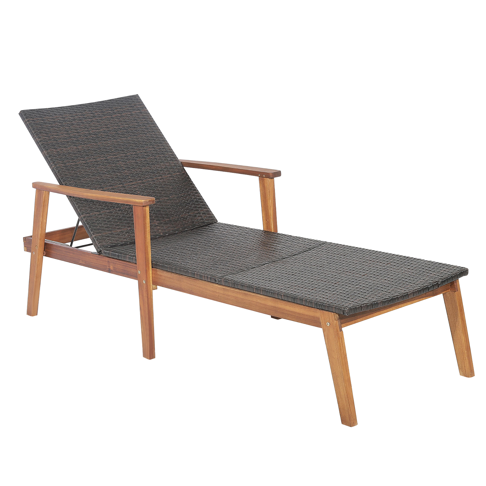 Costway Patio Rattan Chaise Lounge Chair Recliner Back Adjustable Acacia Wood Garden - image 2 of 8
