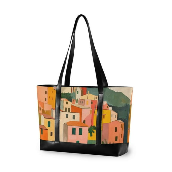FORMRS Canvas Laptop Tote Bag for Women with 15.6" Computer Compartments Shoulder Handbag, Pink Cityscape Painting