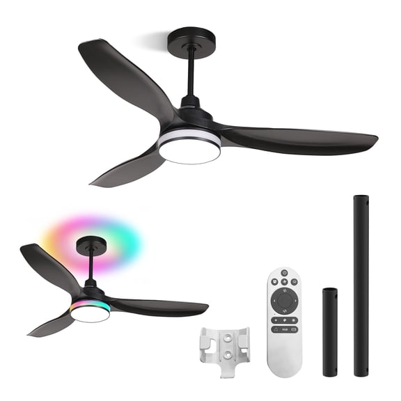 RGB Ceiling Fans with Lights 52 Inch, Quiet DC Motor LED Ceiling Fans with Remote for Bedroom, Living Room, Kitchen, 3CCT, 6 Speeds, Reversible, Dimmable, Timer, Memory, Black