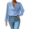 thumbnail image 1 of Blusa de gasa para mujer con cuello en V, volantes, pliegues y mangas acampanadas, blusa holgada informal para otoño, 1 of 4