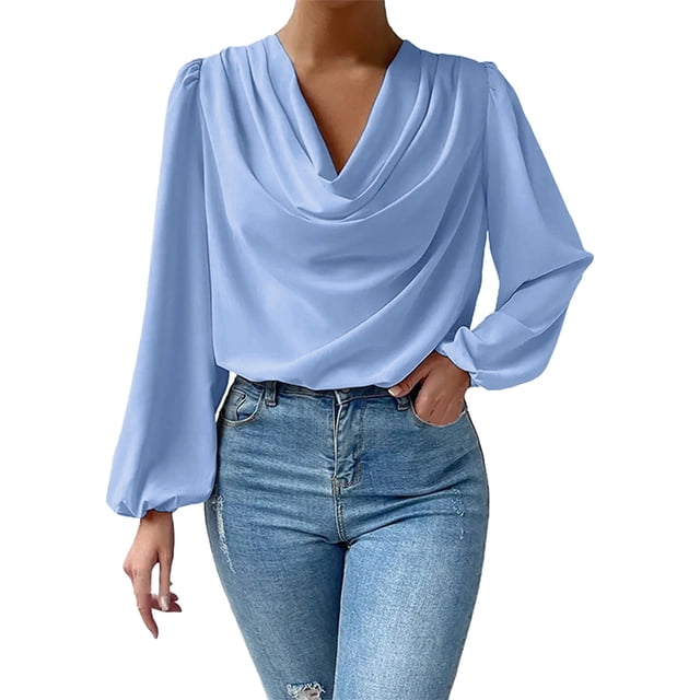 Blusa de gasa para mujer con cuello en V, volantes, pliegues y mangas acampanadas, blusa holgada informal para otoño