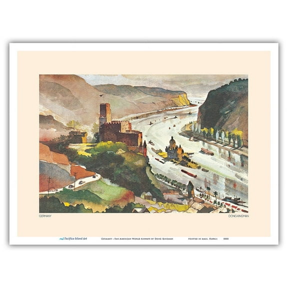 Germany - Pfalzgrafenstein Castle - Pan American World Airways - Vintage Airline Travel Poster by Dong Kingman - Master Art Print (Unframed) 9in x 12in