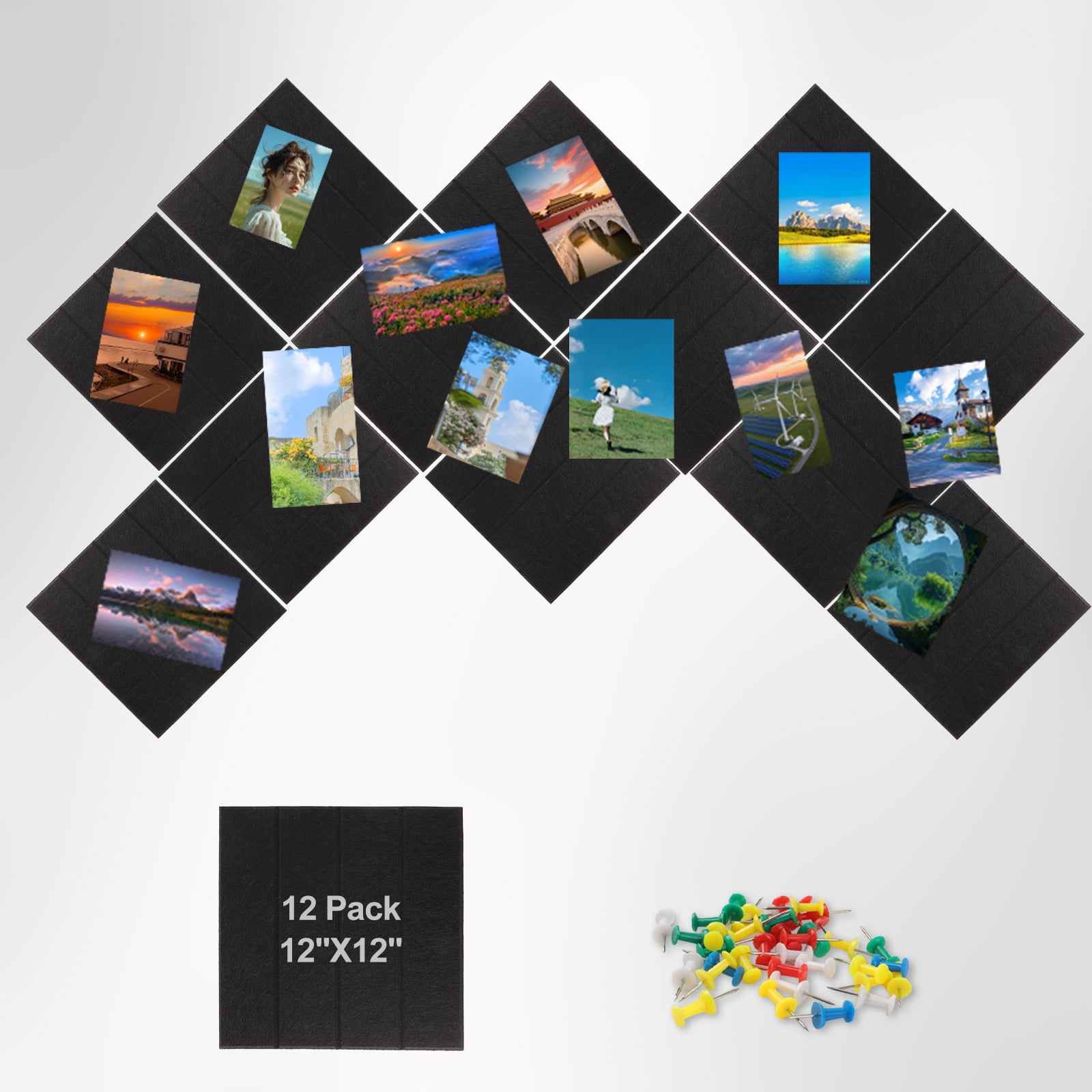 12-inch Cork Board, 12-Piece Self-Adhesive Felt Bulletin Board Tiles, Office & Home Decor Message Board, Sound-Absorbing Cork Panel Effectively Reduces Echo & Noise, Black