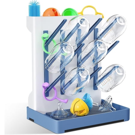 Baby Bottle Drying Rack: Vertical Space Saving Large Bottles Holder - Standing Boon Dryer Rack Baby Accessory - Countertop Holds Up to 12 Bottles & Pump Part Cleaning & Cup (Blue) (Blue)