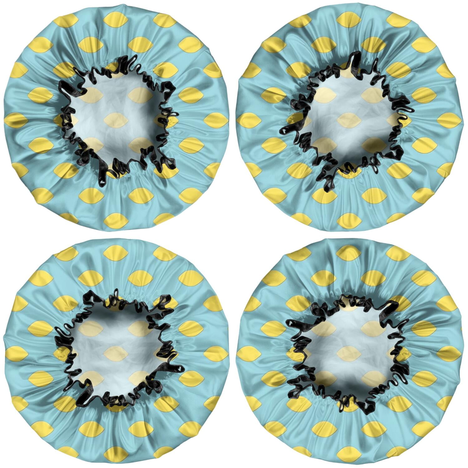 Shower Caps,Yellow Lemon Fruit Shapes LightBlue Pattern Waterproof Shower Cap for Women 4 Pieces,Double Reusable Hair Cover for Shower PEVA Elastic Stretch Hem