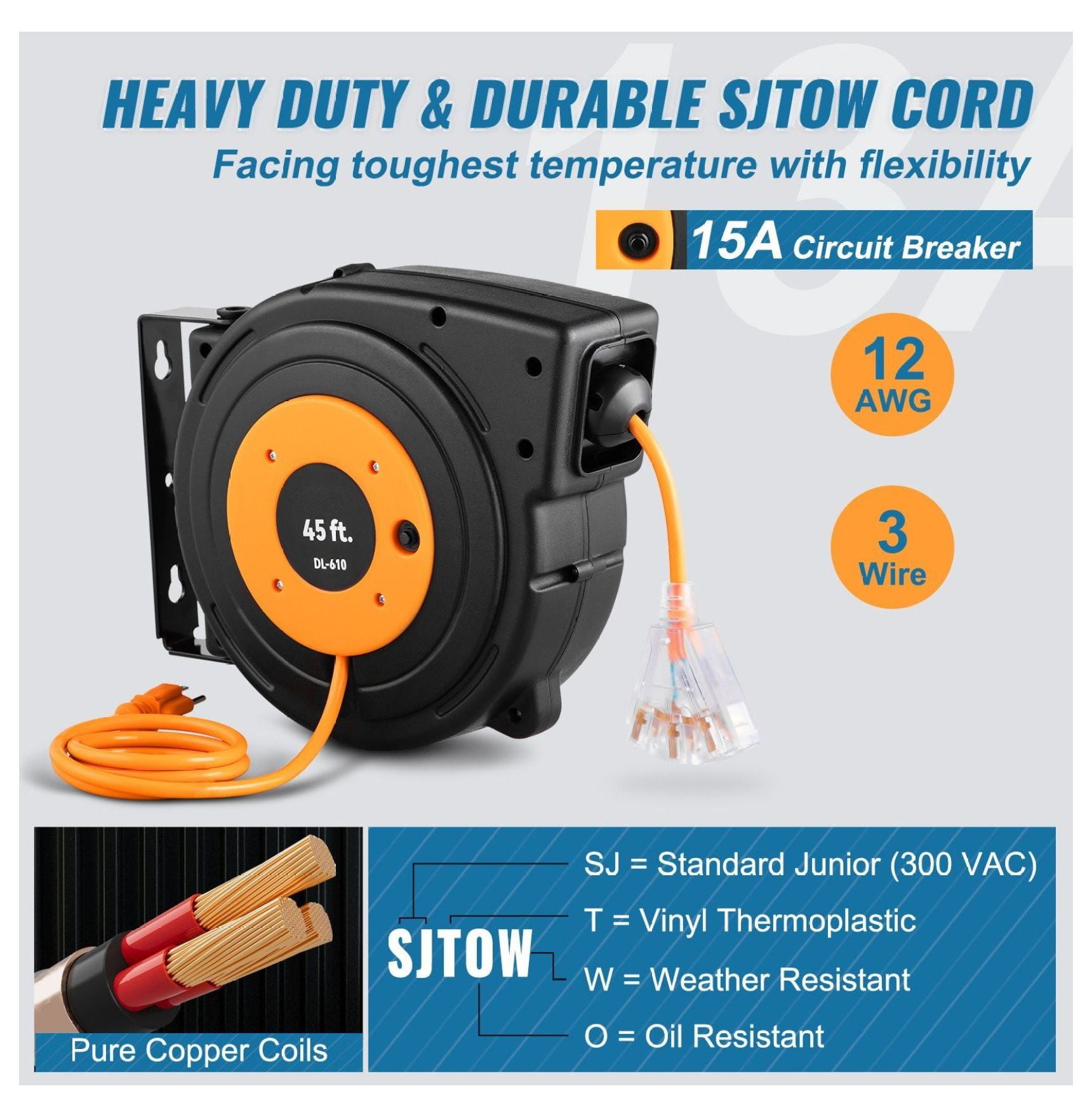 Retractable Extension Reel Heavy Duty 12AWG 45FT, SJTOW Power Cord Reel with Lighted Outlet & Swivel Bracket - Garage, Workshop, Construction