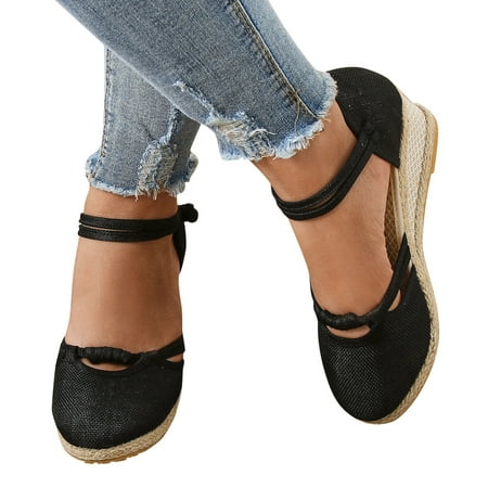 

Sandals Women Women Buckle Linen Sandals Platform Wedge Sandals Fashion Versatile Braided Buckle Breathable Wedge Sandals Womens Sandals Linen Black 42