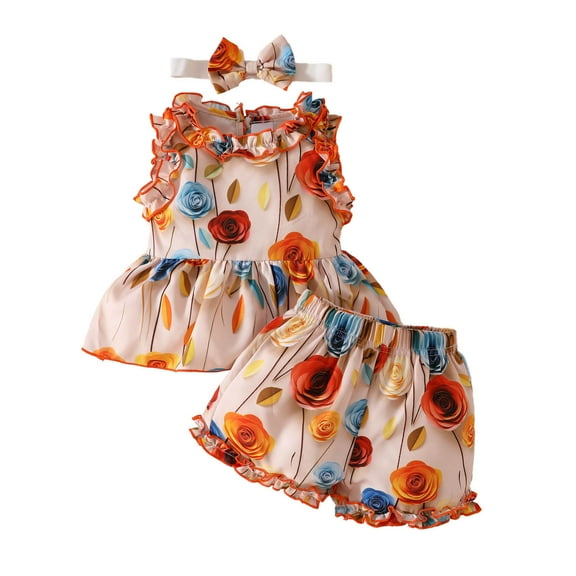 YuYuBao Toddler Girls Outfits Sets Summer Sleeveless Floral Print Vest Tops Tshirts   Ruffles Shorts   Headbands 3 Piece Kids Girls Boho Outfits, 9-12 Months