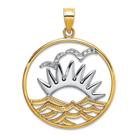22mm 14k Two-tone Gold Sunset and Water In Round Frame Two-color Charm Pendant Necklace for Women