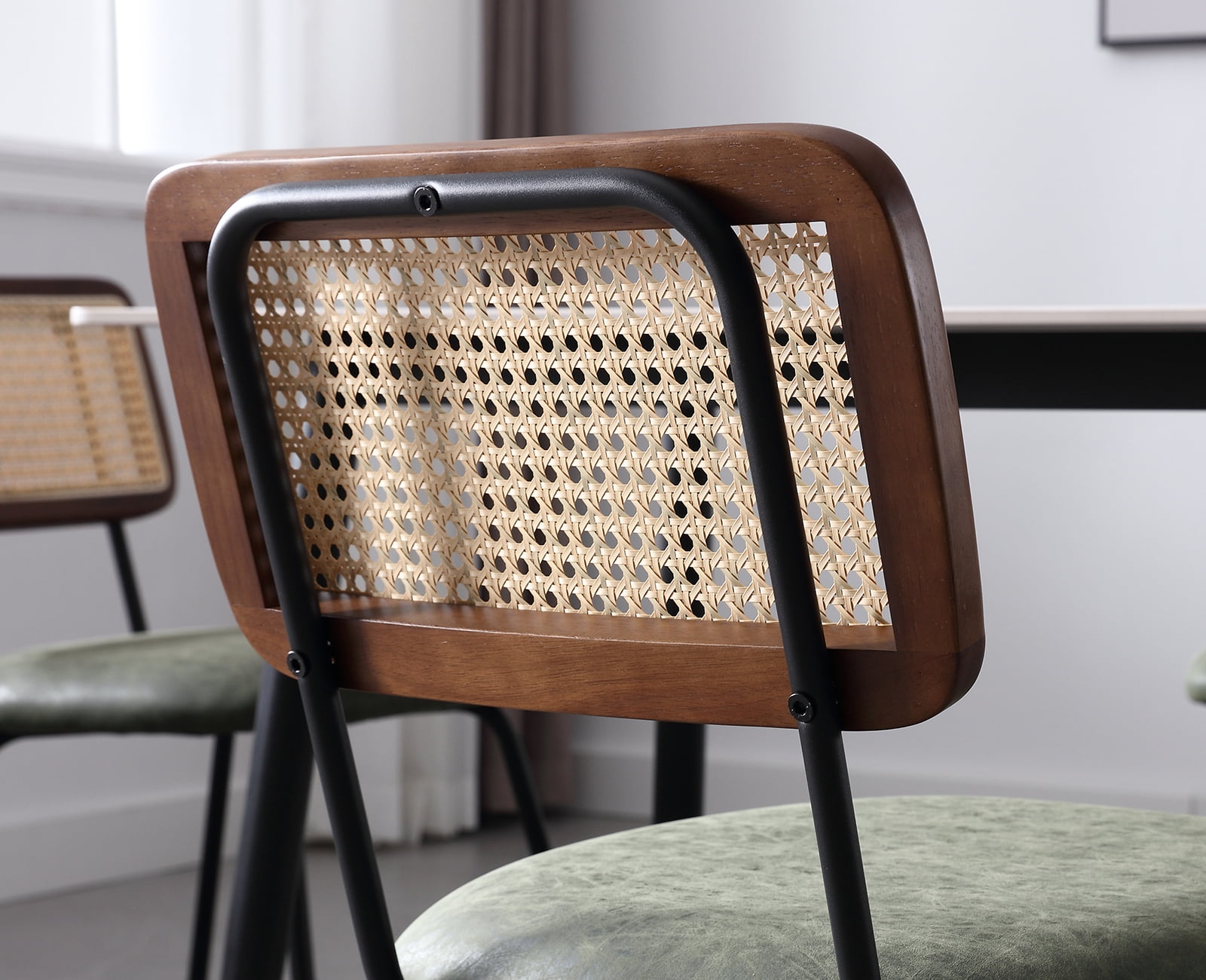 Dayalane Rattan Dining Chairs Set of 4, Leather Upholstered Kitchen Chairs with Cane Back, Mid-Century Modern Armless Dining Side Chairs with Metal Legs for Dining Room Living Room Restaurant, Green