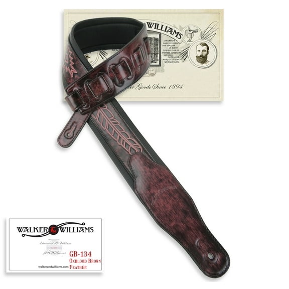 Walker & Williams GB-134 Oxblood Brown Leather Feather Design Padded Guitar Strap