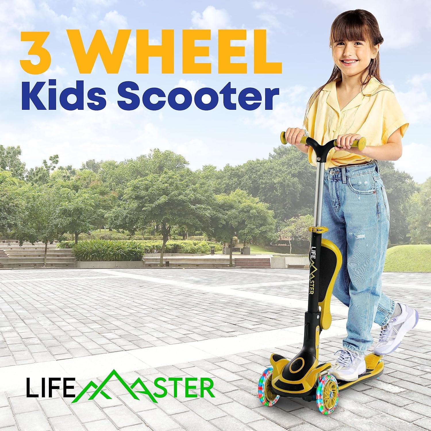 Kids Scooter – Foldable Seat – LED Wheel Lights Illuminate When Rolling – Children and Toddler 3 Wheel Kick Scooter – Adjustable Handlebar – Indoor and Outdoor- Yellow - by Lifemaster