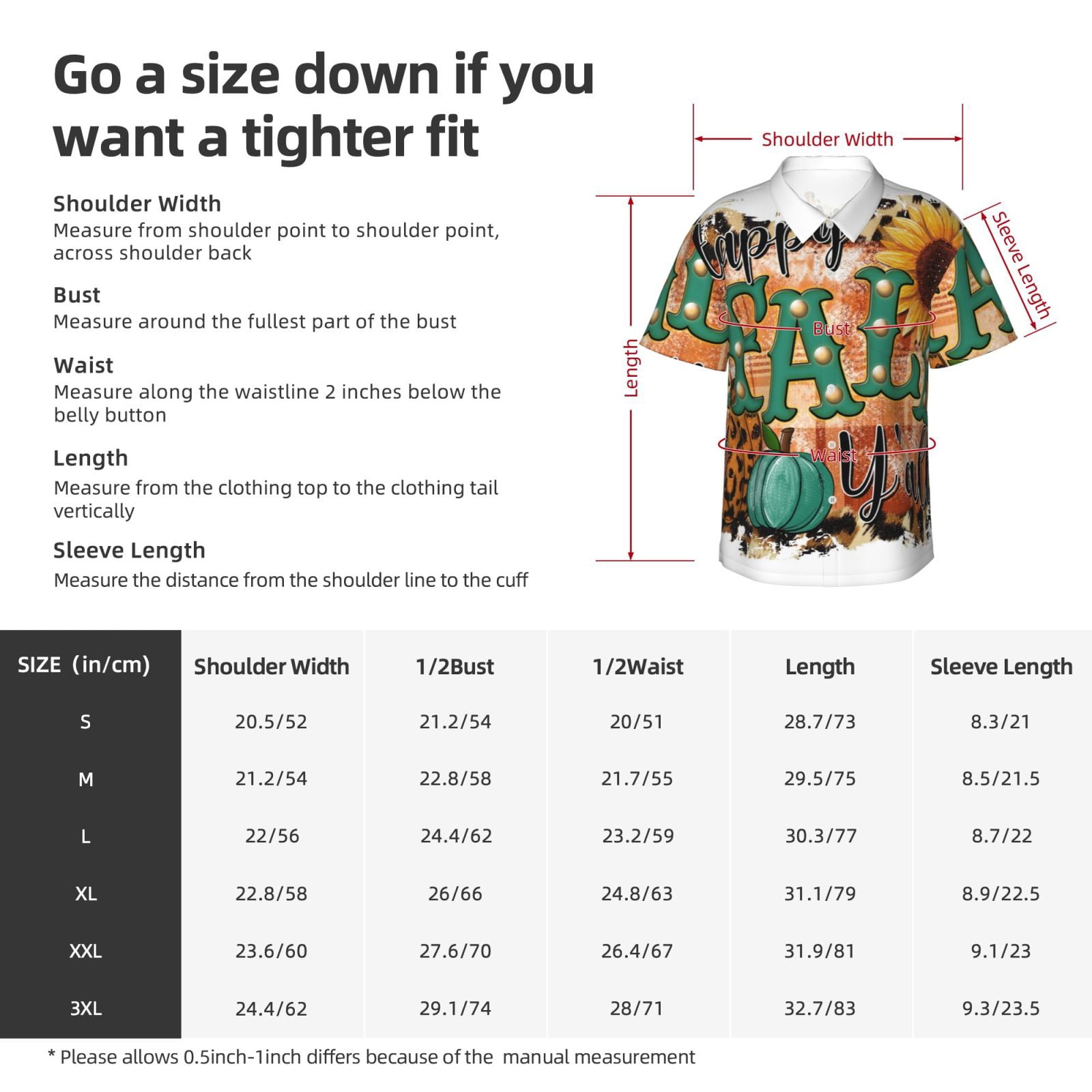 Rateoe Happy Fall Y'All Pattern Men’s Hawaiian Shirt – Short Sleeve Button-Down Tropical Beach Shirt, Lightweight & Breathable Casual Aloha Shirt with Pocket,XX-Large