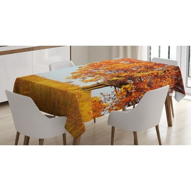 Ambesonne Fall Tablecloth Rectangular Table Cover, Lonely and Oak, 60"x84", Orange Yellow Pale Blue