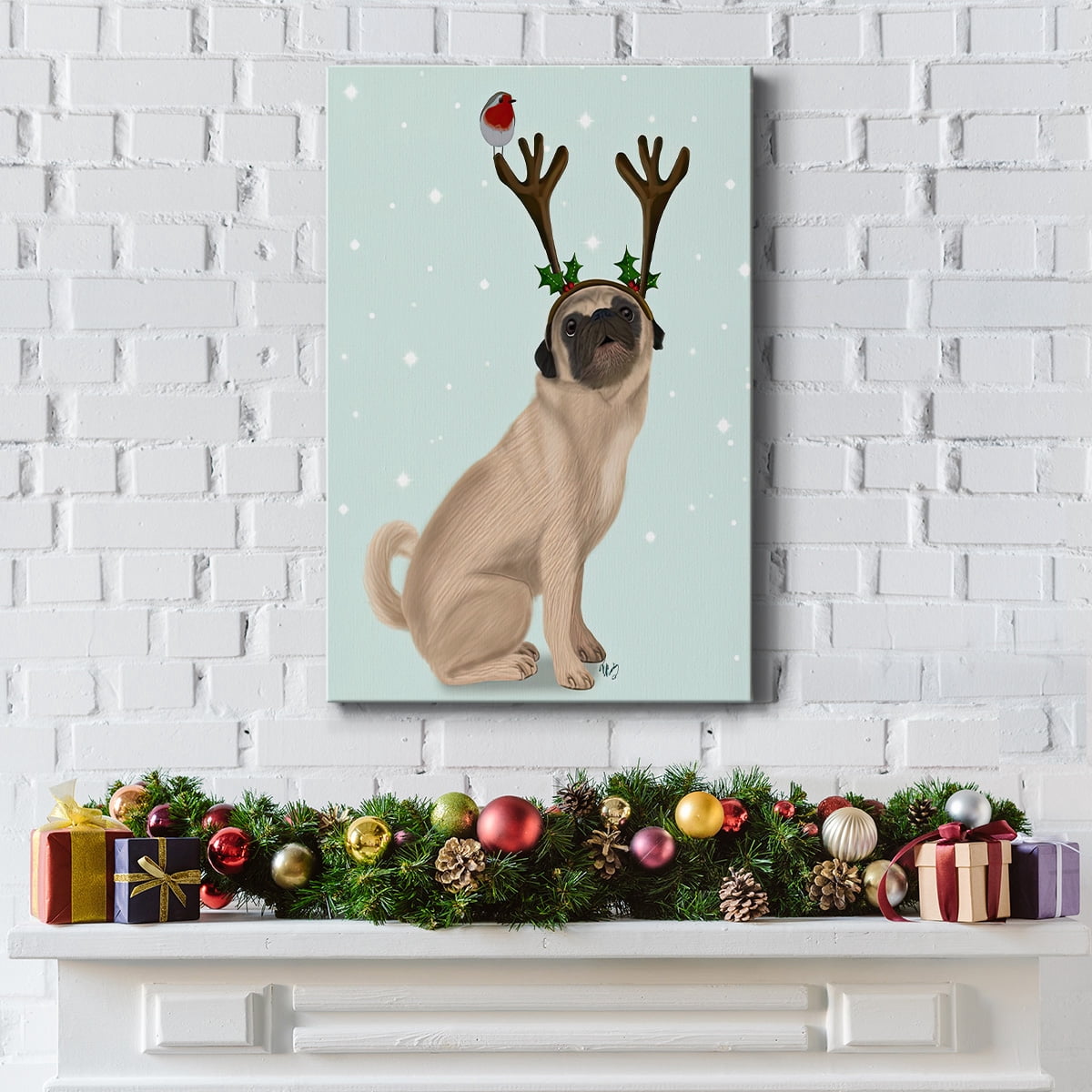 Christmas Pug with Antlers and Robin- Gallery Wrapped Canvas