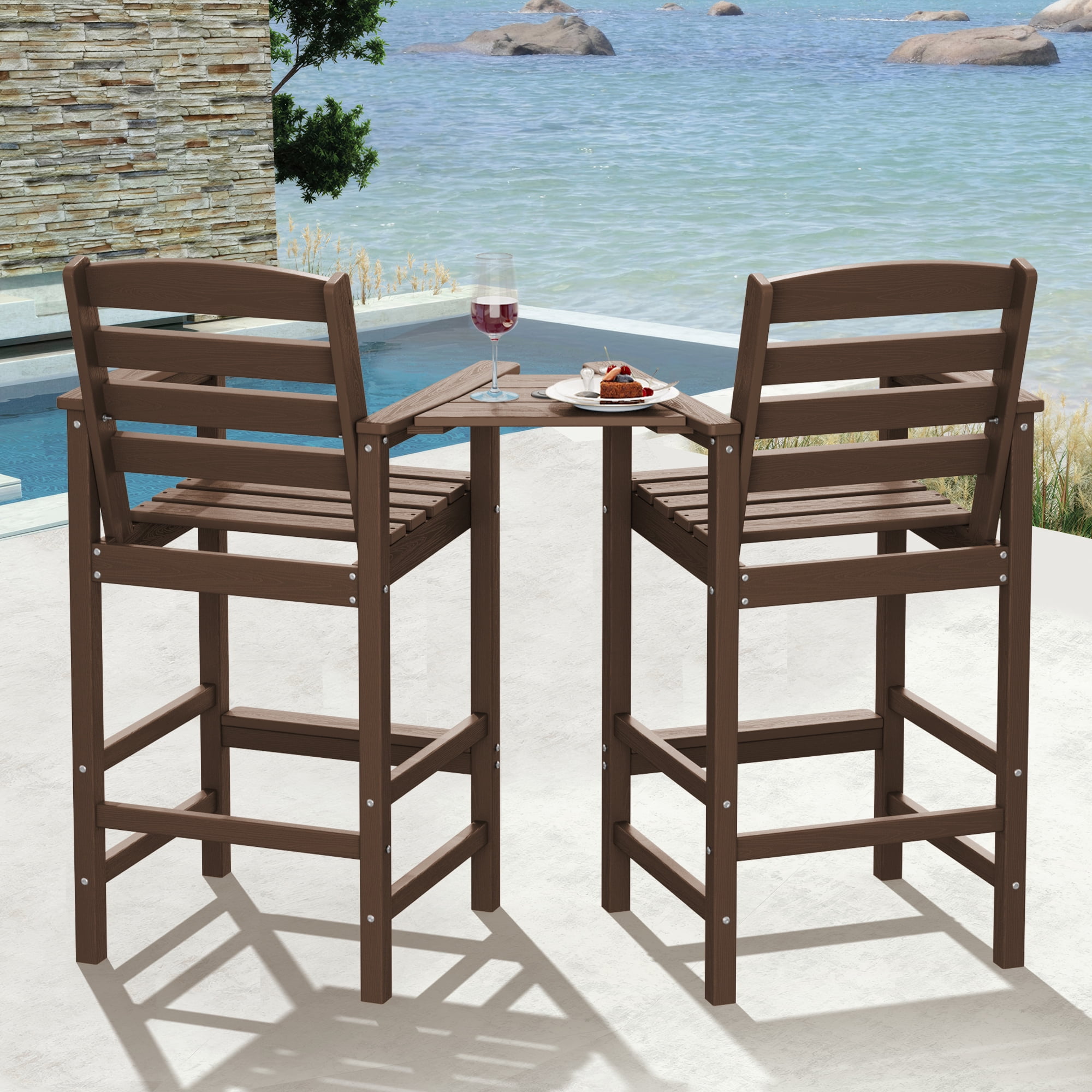 LOYALICE Balcony Chair Set of 2, Outdoor Adirondack Barstools with Connecting Tray, Brown
