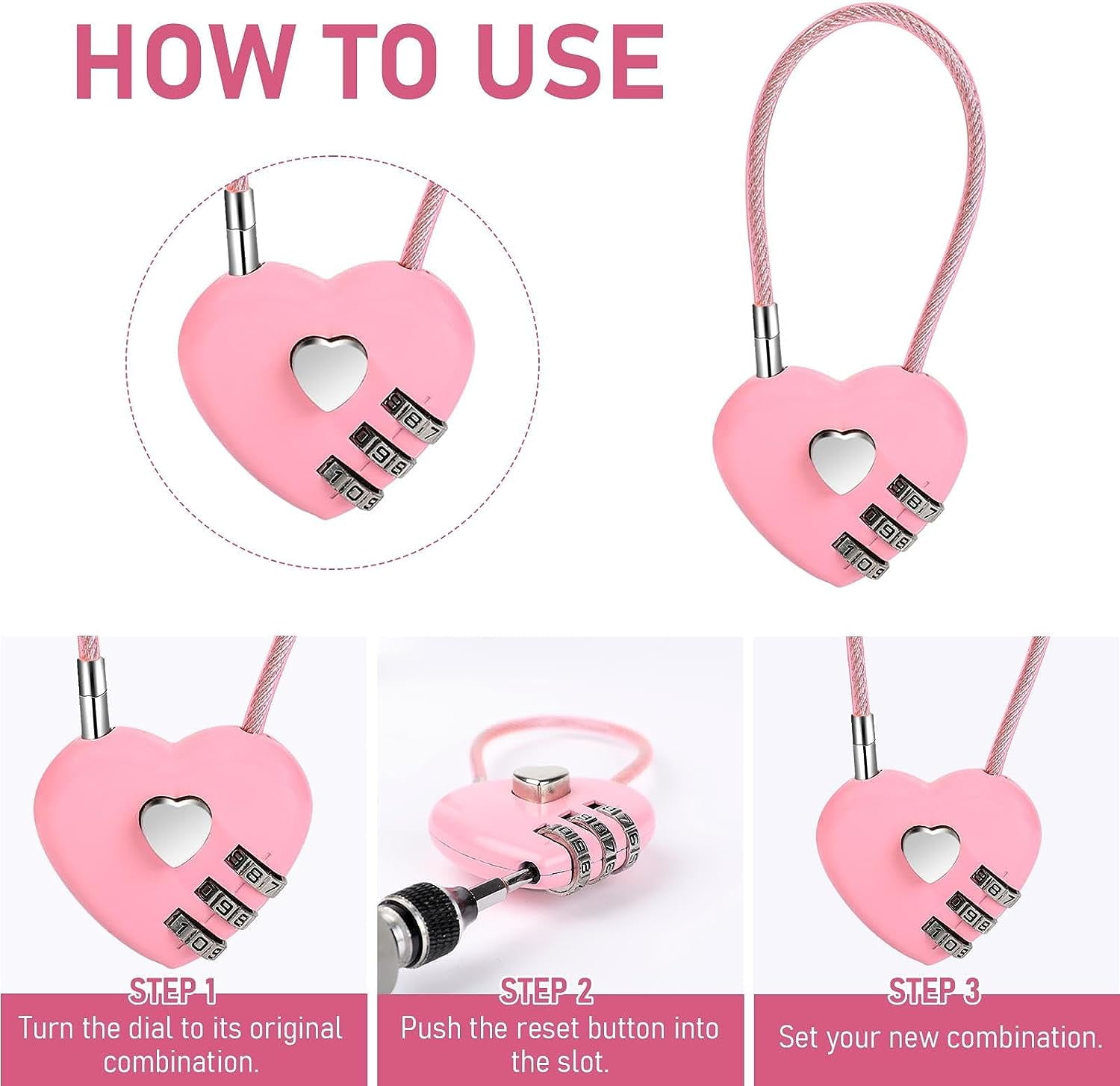 Zarker XD35 3-Digit Combination Padlock, Pink, 1-Pack 