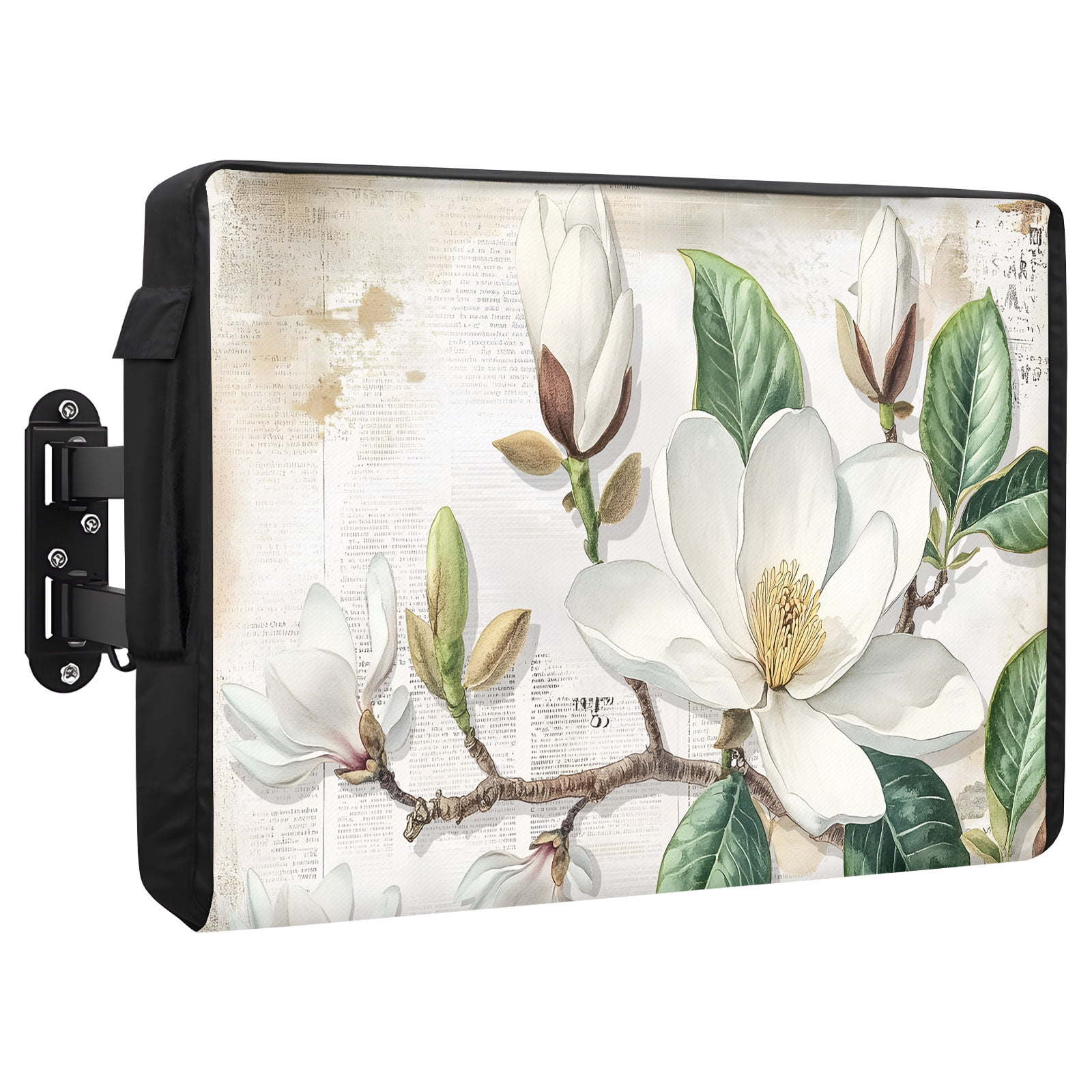 Spring Magnolia Outdoor TV Cover 30 to 32 Inch Vintage White Floral Butterfly Leaf Retro Weatherproof and Waterproof TV Cover Heavy Duty Outside Flat TV Screen Protector with Remote Control Pocket