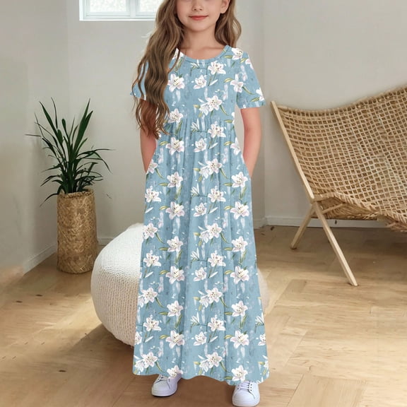 Fatuov Beach Vacation Dress for Girls Crew Neck Casual Long Dress with Pocket Floral Print Loose Fit Summer Dress for Holiday Size 10-11 Years