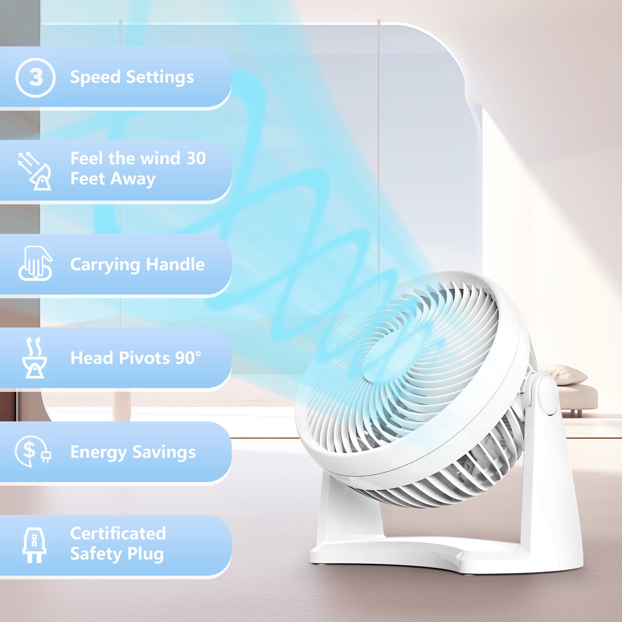 Qunler Table Fan, 9" Quiet Air Circulator Fan with 3 Speeds & 90° Pivoting Head, Air Conditioner Companion Small Desk Fan for Bedroom, Home, Office, Wall-Mounting Available, White