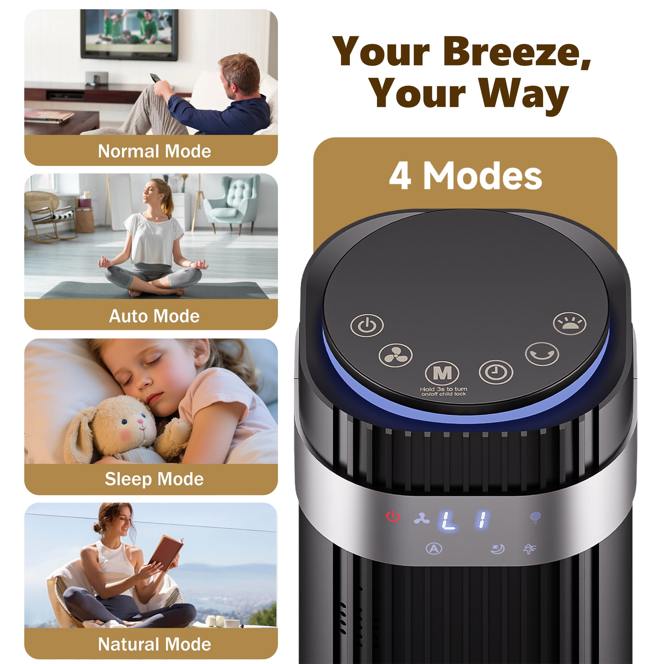 SHOUFTW 36 inch Tower Fan with Remote Control, Oscillating Bladeless Floor Fan, 5 Speeds and 4 Modes for Bedroom Home and Office, Black