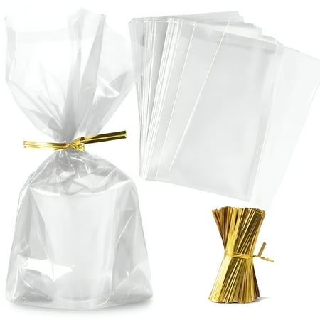CCOCC 2026 New Clear Cellophane Gift Bags-Clear Plastic Gift Bags with Cable Ties-100 Pack 6X8 Inches for Party,Wedding,Holiday,Birthday