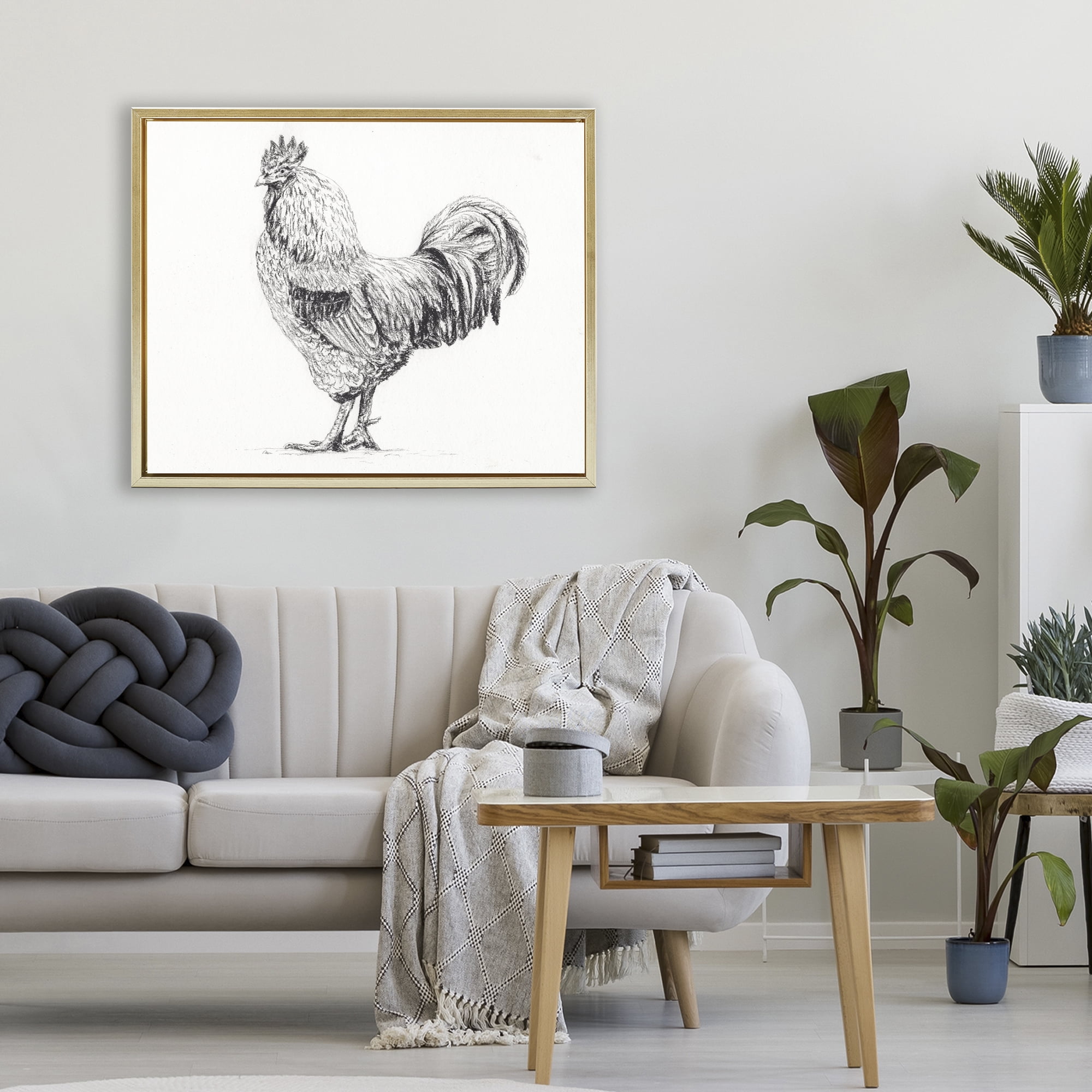 Stupell Industries Rooster in Charcoal Gold Framed Floater Canvas Wall Art, design by Leah Noel Art