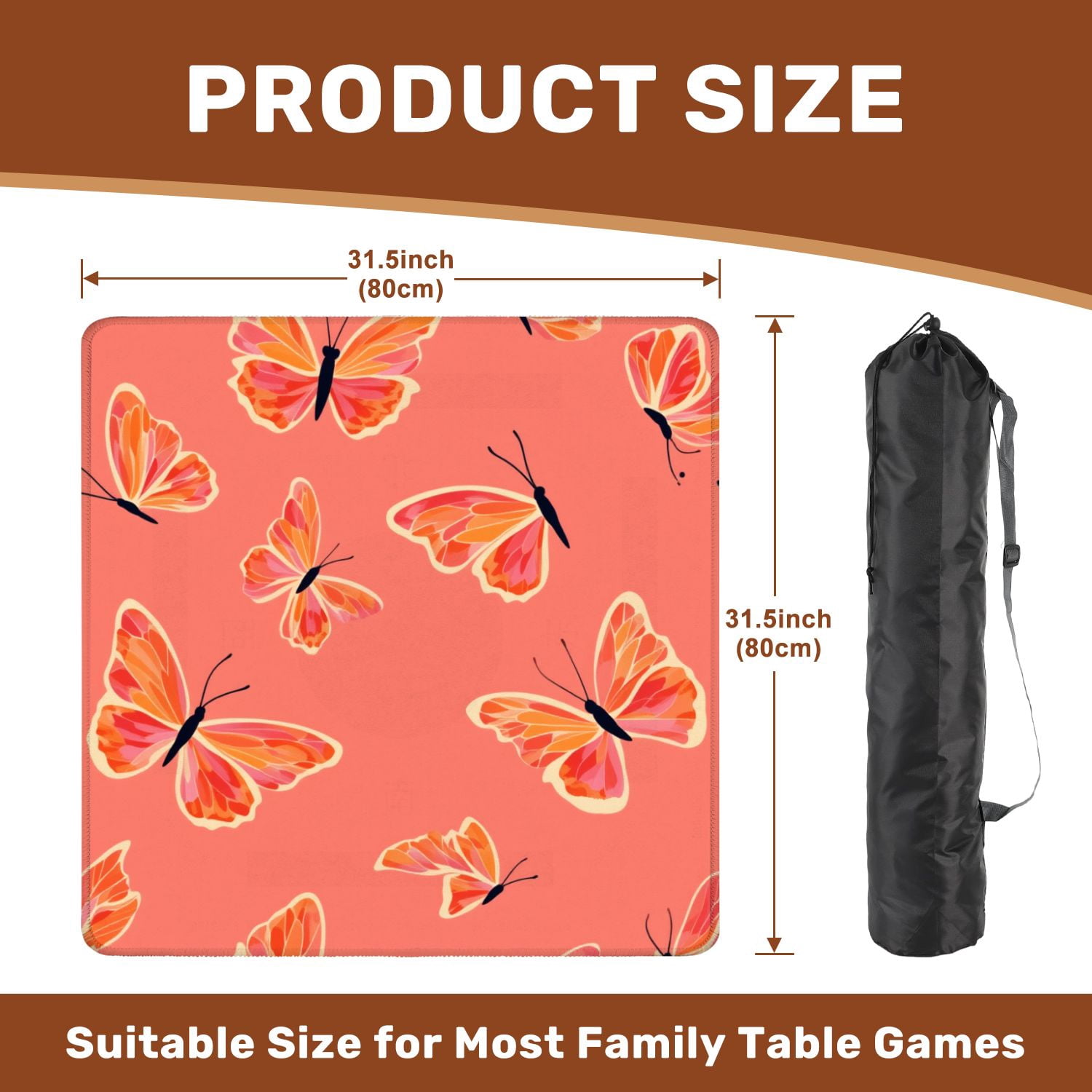 Mahjong Mat 31.5" x 31.5" Seamless butterflies coral color design butterfly Non-Slip Noise Reduction American Mahjong Tiles Table Cover for Dominoes Poker Card Board Games Gift