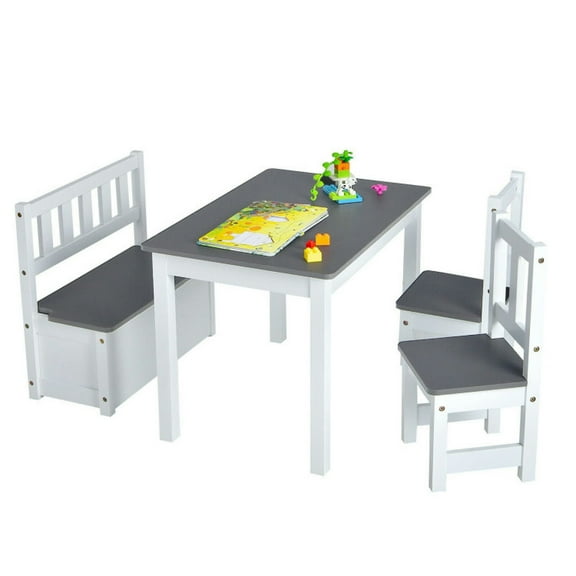 Barara King Toddler Table Chairs Set,Kids Play Table Set,4 Pieces Kids Wooden Activity Table and Chairs Set with Storage Bench and Study Desk-Gray