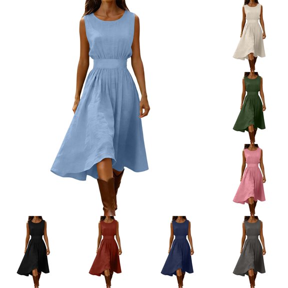 DYTTDG Women's Crew Neck Midi Dress | sleeveless Cinched Waist A-Line Casual Swing Dress, Flowy Midi Length Day Dress