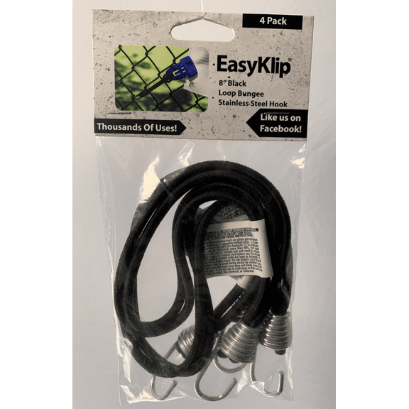 EasyKlip 8 in Black Loop Bungee with Stainless Steel Hook-4 PK
