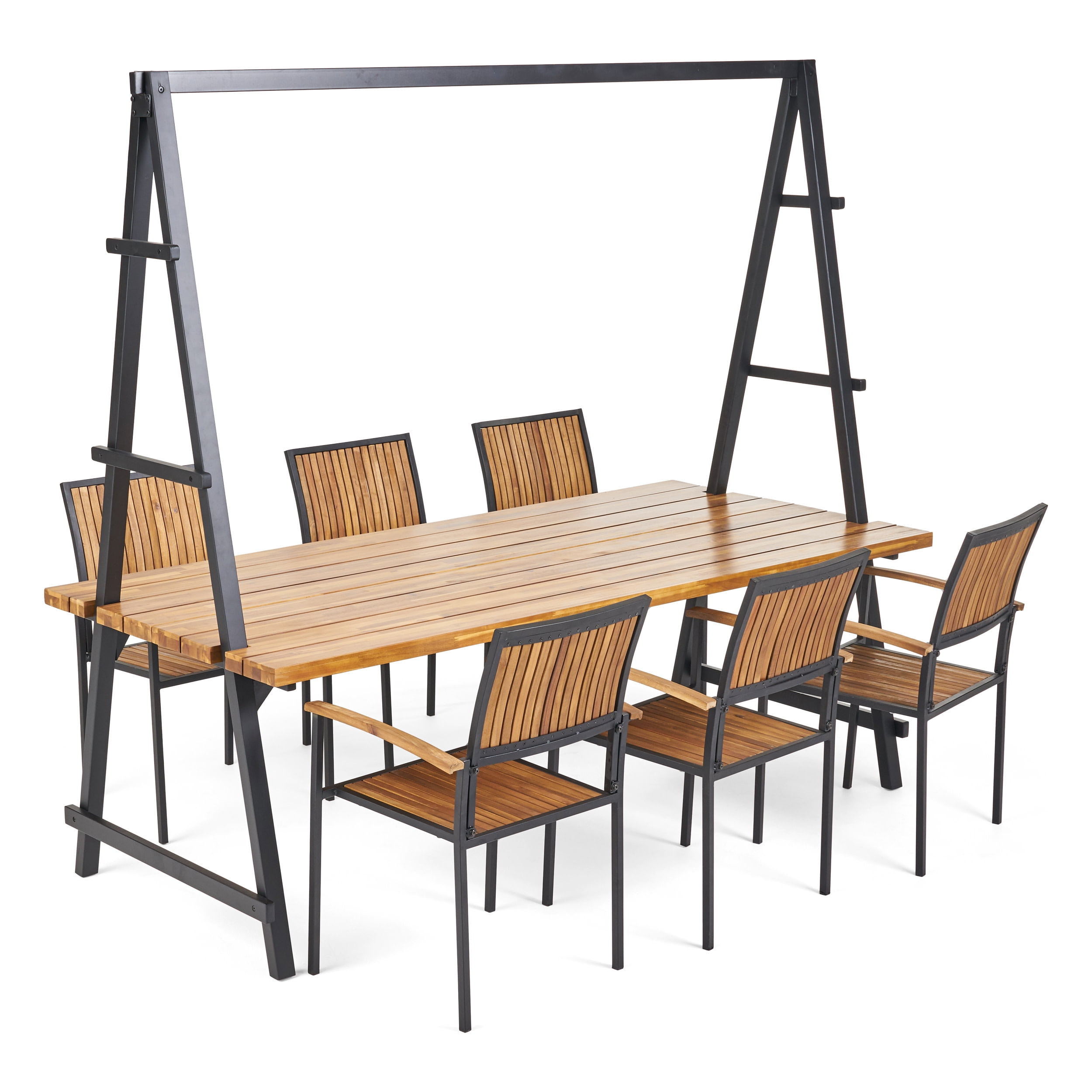 Teak and Black Acacia Wood 6-Person Planter Dining Set