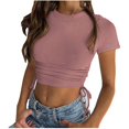 thumbnail image 2 of Honeeladyy Clearance under 5$ Women's Casual Basic Short Sleeve Round Neck Short Solid Color Drawstring Side Tee Shirt Top, 2 of 5