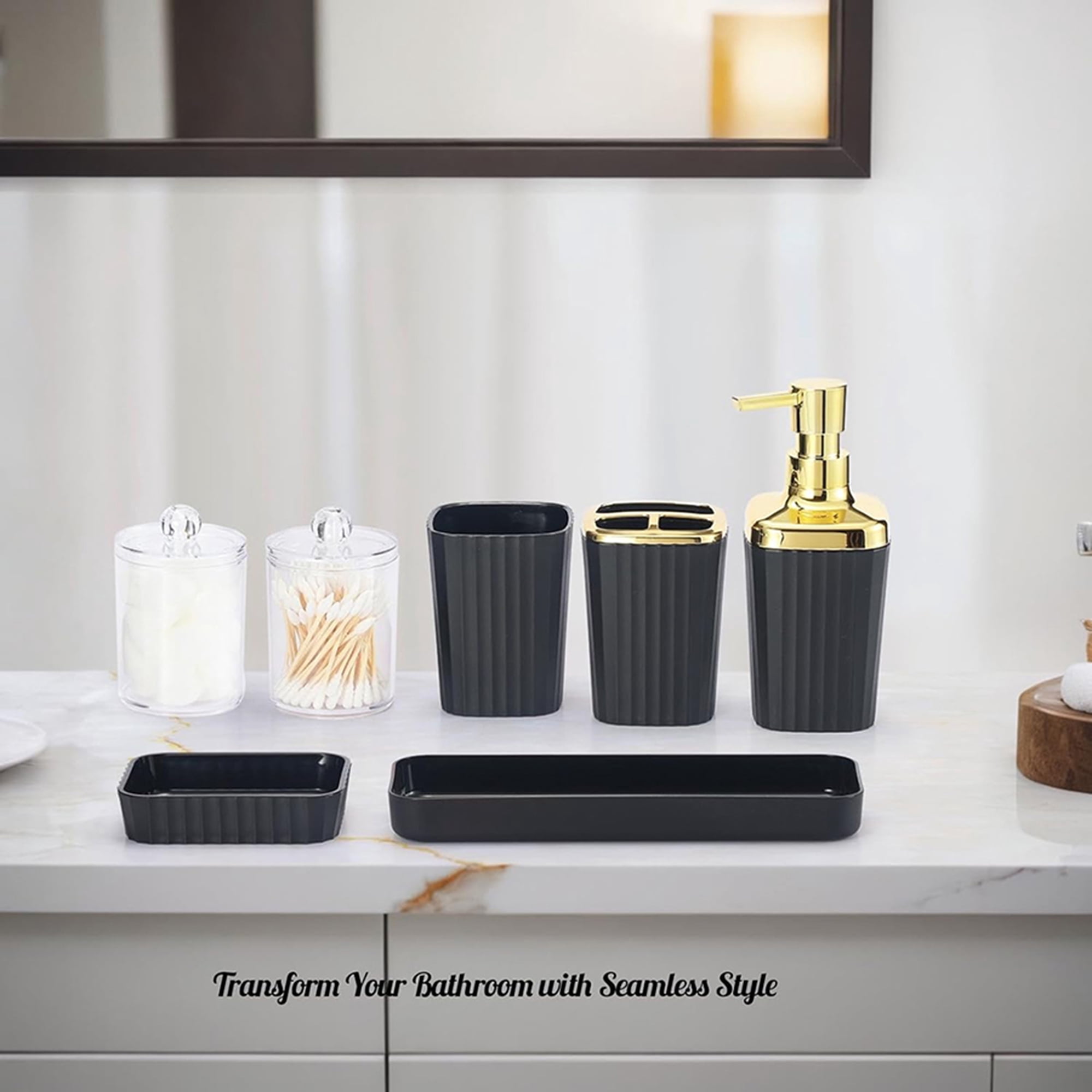 Bathroom Accessories Set,9 Piece Black Bathroom Sets Complete With Toothbrush Holder, Trash Can, Lotion Soap Dispenser, Toothbrush Cup, Vanity Tray, Soap Dish, Toilet Brush, Qtip Holder